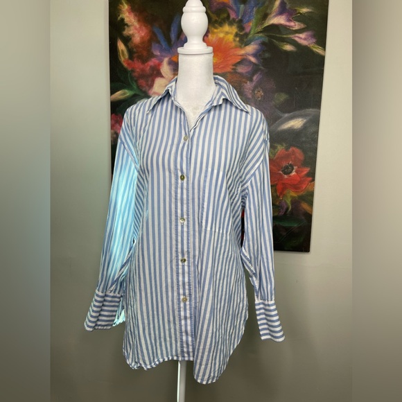 VINCE Riveria Blue Stripe Oversized Shirt Sz XS Tie Waist Retail 295 Coastal - Picture 3 of 11